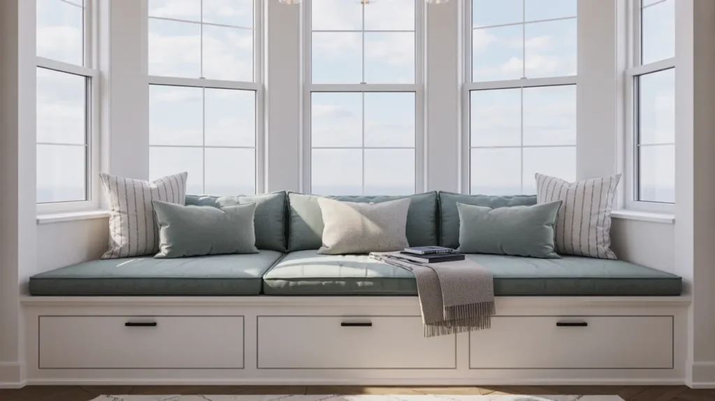 Bay window seat with a clean built-in bench, hidden storage, and a thick gray cushion with neutral pillows.
