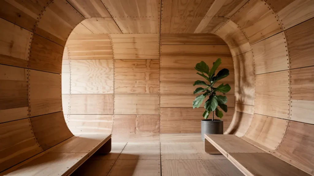 Curved plywood wall for softer lines