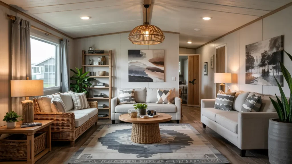 Double wide mobile home interior design with zoned living areas