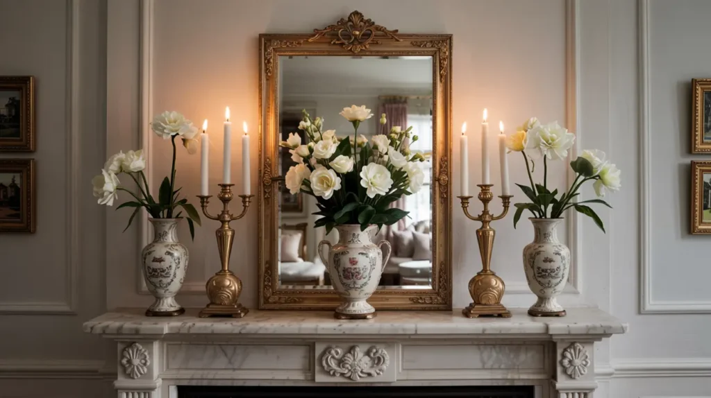 Elegant mantel decorating idea with a gold framed mirror, symmetrical candlesticks, porcelain vases, and white flowers.
