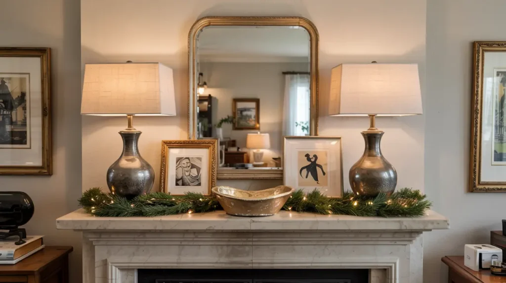 Everyday fireplace mantel decor with a rectangular mirror, layered frames, soft lighting, and simple neutral styling.