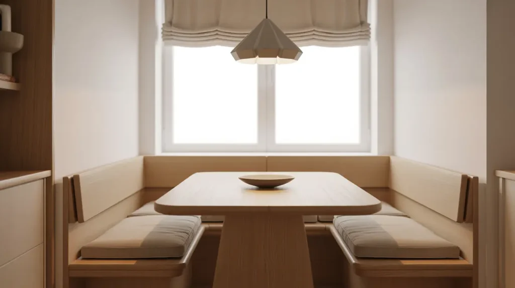 Modern kitchen window banquette with a slim bench seat, removable cushions, and a round dining table.