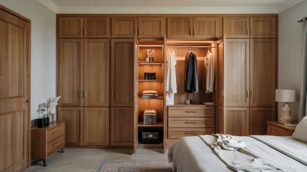 Luxury bedroom with a built in wardrobe wall, flat panel doors, brass handles, and interior LED lighting.