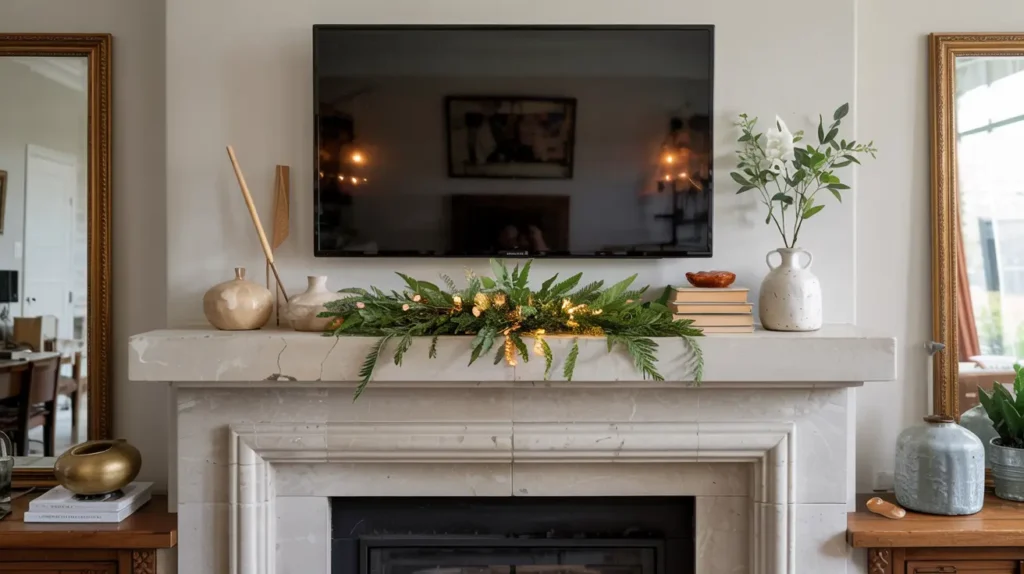 Living room fireplace with TV mounted above the mantelpiece, low profile modern mantel decor, long horizontal garland, two low ceramic vases, short book stack, minimal items to avoid blocking the screen, neutral colors, soft daylight, no people, no text, realistic interior photography