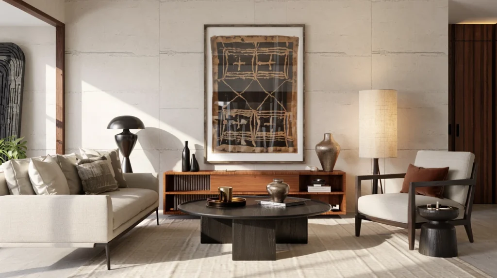 Modern African inspired living room with a framed Kuba cloth textile art piece and warm wood accents.