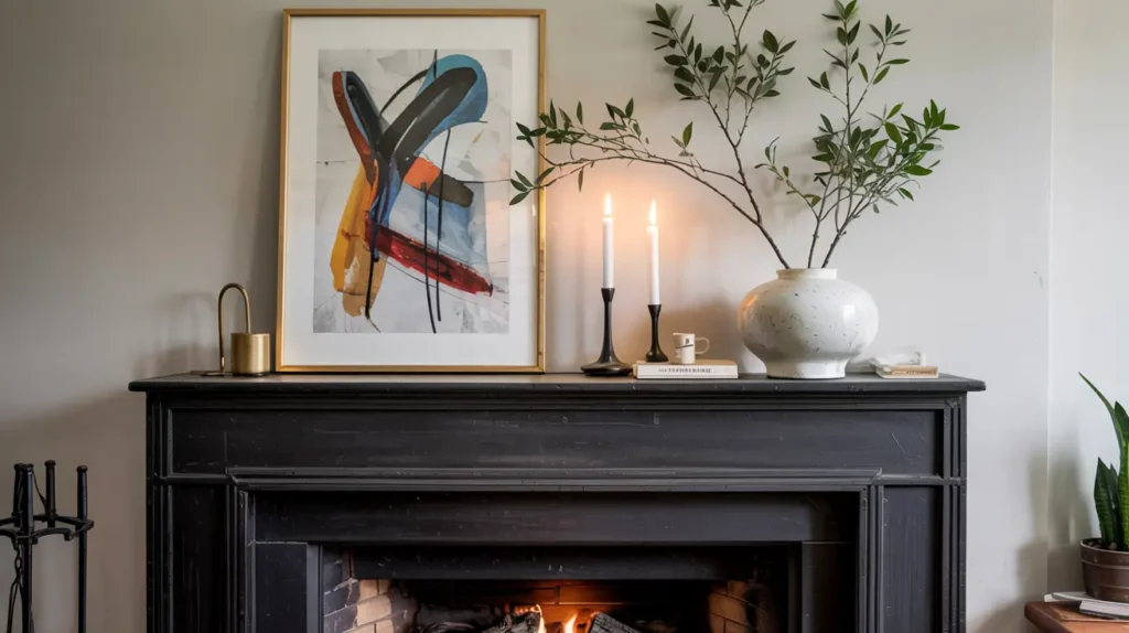 Modern fireplace mantel decor with abstract artwork, matte black candlesticks, and a white ceramic vase with tall branches.