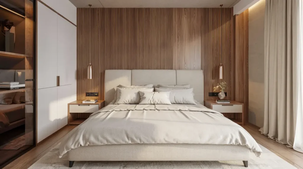 Modern luxury bedroom with a wood slat accent wall, crisp white bedding, and warm bedside lighting.