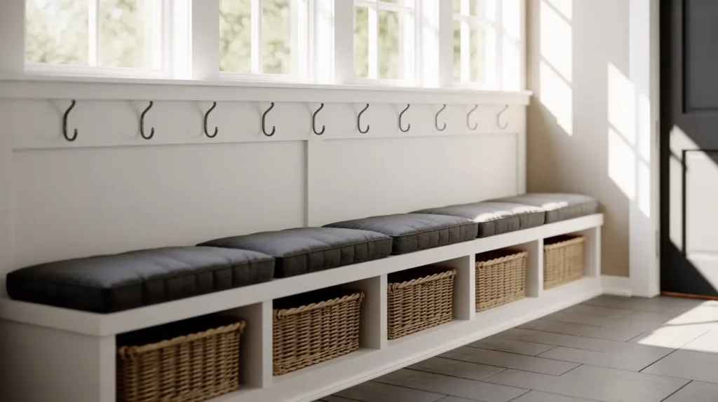 Mudroom window bench with storage drawers, wall hooks, and woven baskets under a bright window.