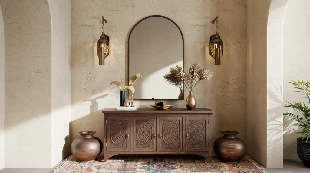 North African inspired living room corner with an arched mirror, warm metal lighting, and a muted patterned rug.