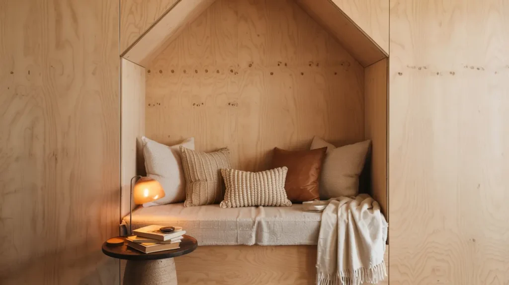 Plywood wall niche and reading nook