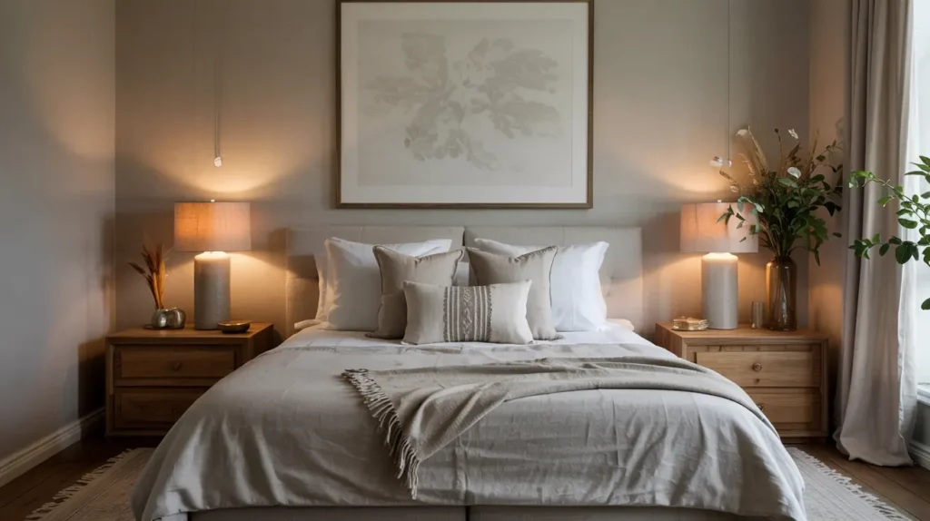 Quiet luxury bedroom in warm neutrals with linen bedding, oak nightstands, and soft layered lamps.