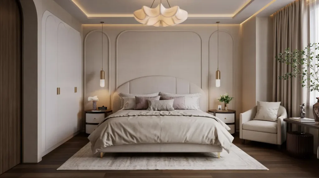 Romantic modern luxury bedroom with a curved upholstered headboard, sheer curtains, warm brass lighting, and a plush rug.