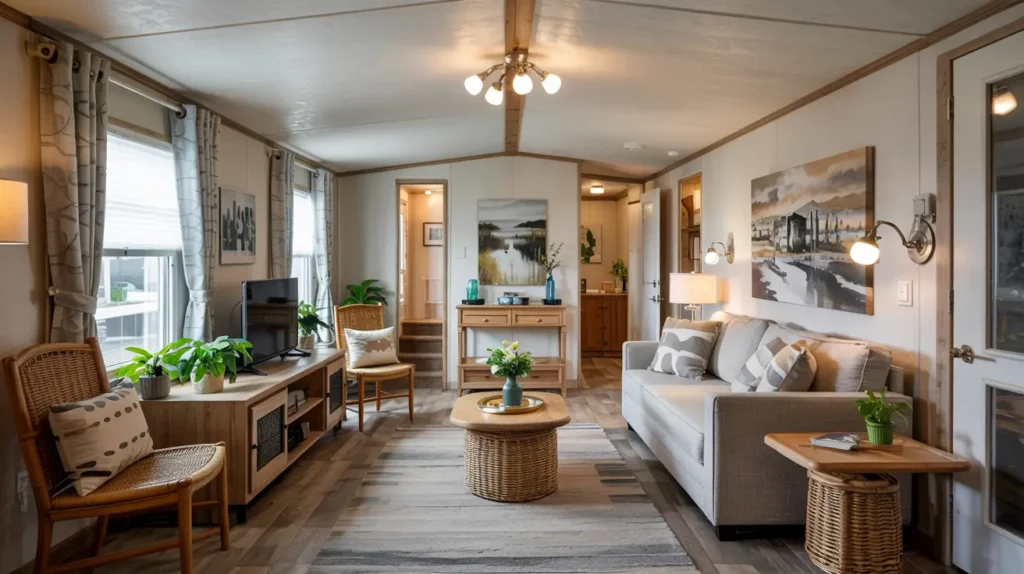 Single wide mobile home living room with compact seating and open layout