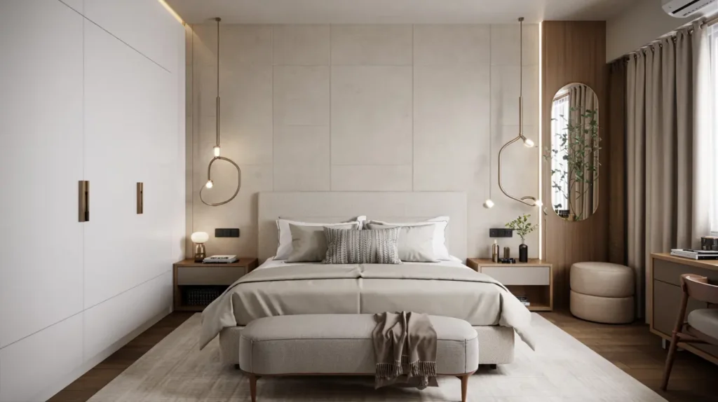 Small modern luxury bedroom with floating nightstands, wall lights, a tall mirror, and a light neutral palette.