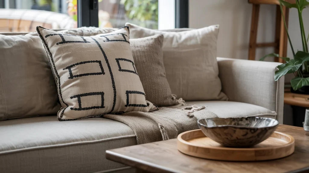 Close up of a neutral sofa styled with one mud cloth cushion, a matching throw, and a ceramic bowl on a wood tray.