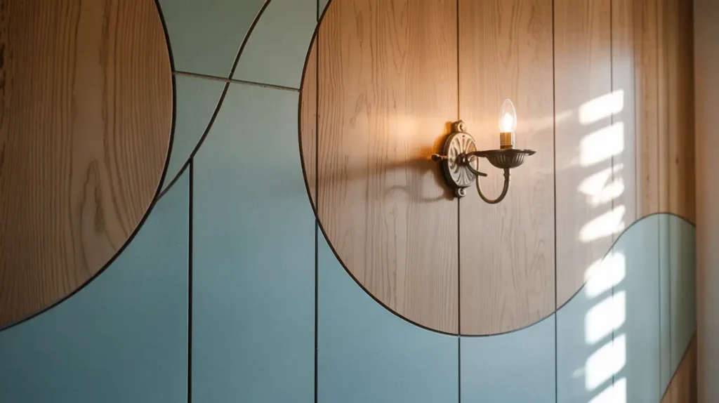 Two tone wall with wood grain and paint