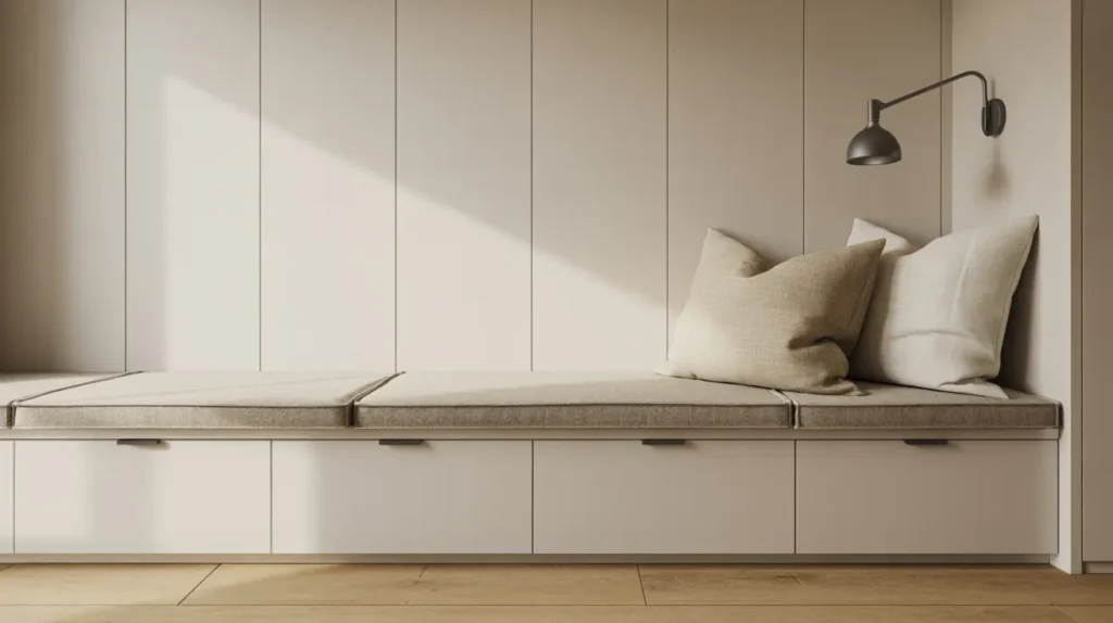 Wall-to-wall window seat with flat front storage drawers and a fitted cushion under a large window.