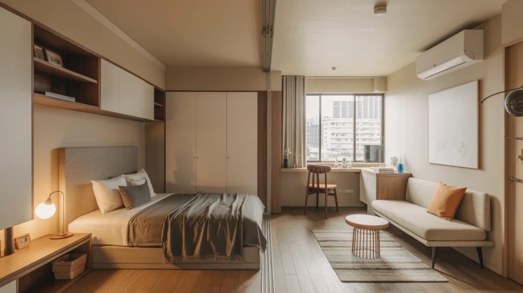 22 sqm studio condo layout in the Philippines with bed zone, small sofa, rug, and desk near the window