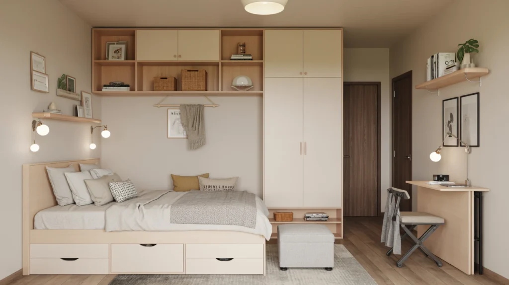 Affordable condo storage ideas in a Philippine unit with bed drawers, wall shelves, and a drop-leaf table