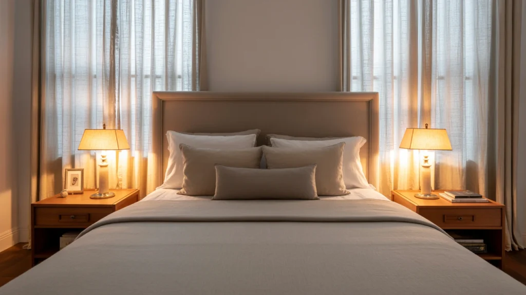 Feng shui bedroom with bed in command position, soft lighting, and a calm layout.