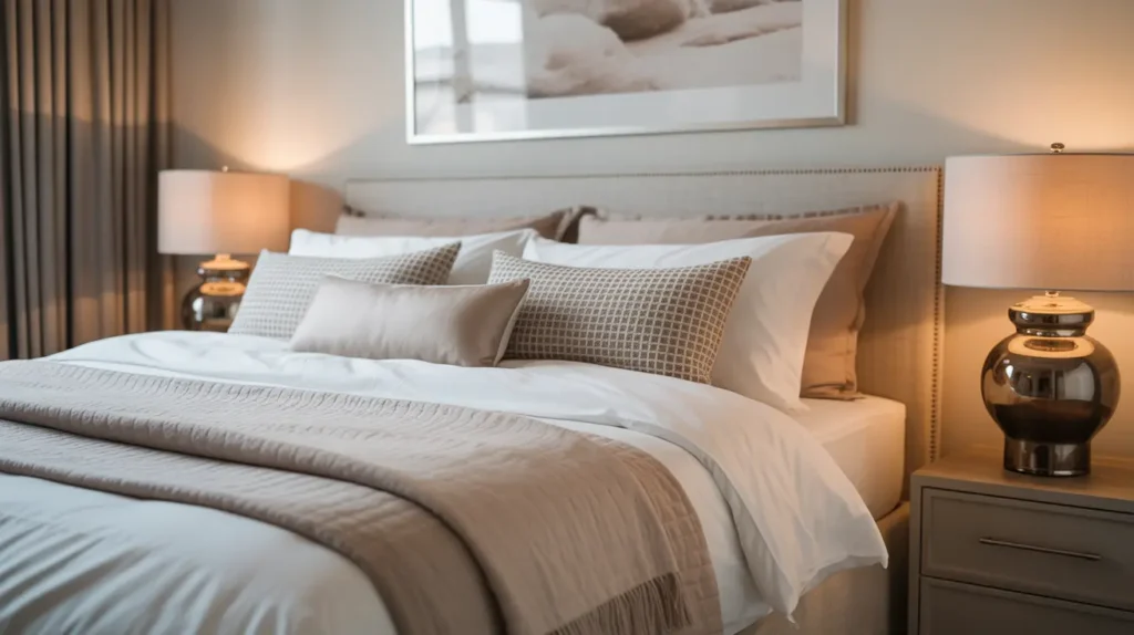 Celebrity style bedroom retreat with layered bedding and warm lighting