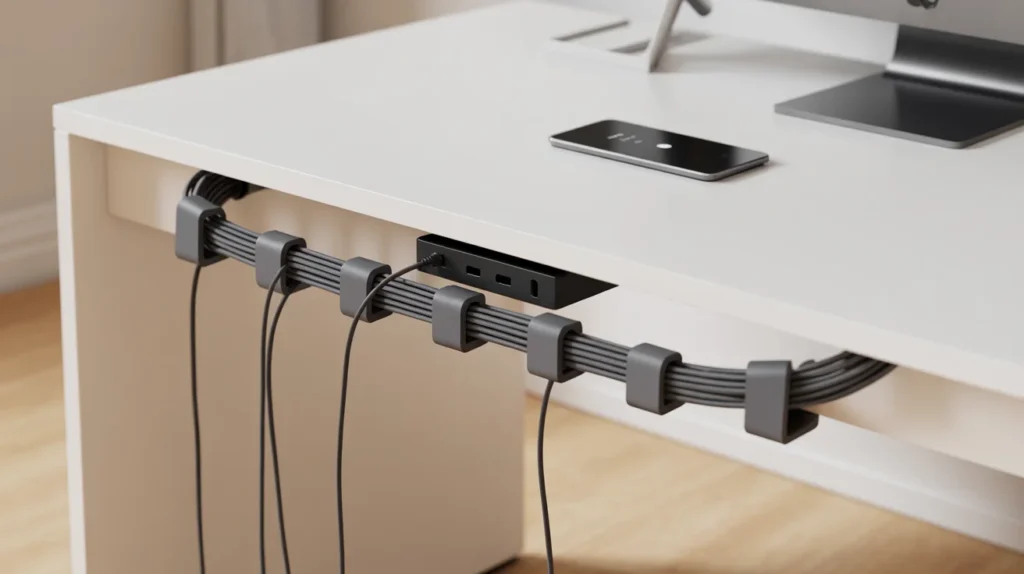 Under-desk view showing bundled cables, cable clips, a mounted power strip, and a charging station near the desk corner.
