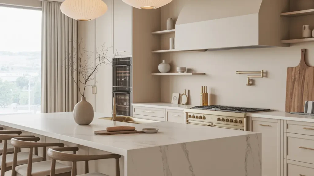 Celebrity inspired kitchen with marble island and brass hardware