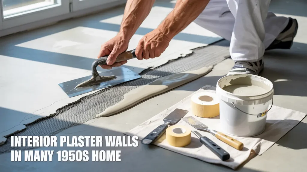 Hands repairing a plaster wall crack using fiberglass mesh tape and a trowel to apply patch material, with the text “Interior plaster walls in many 1950s home”.