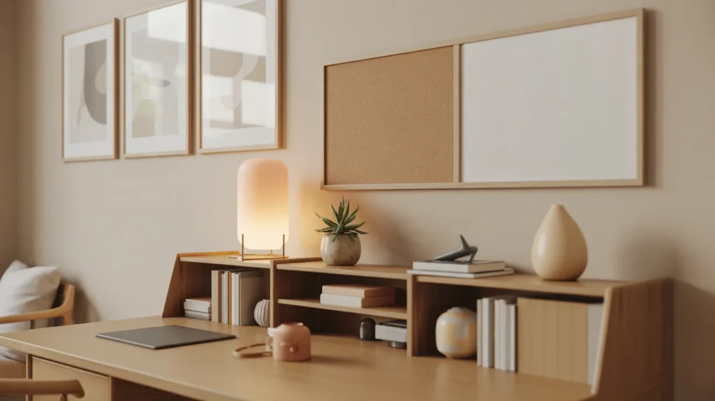 Desk area with framed wall art, a small plant, a pinboard, a whiteboard, tidy shelves, and warm lighting.