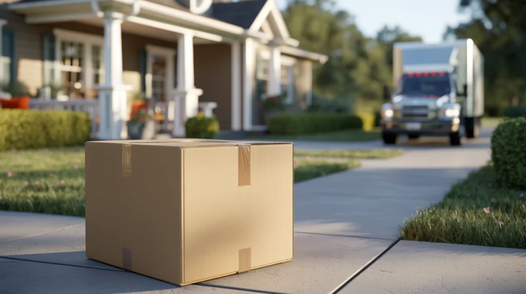Large appliance box delivered to a home porch with delivery truck in the background