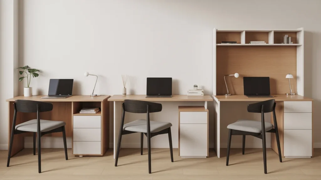 Three home office desks shown side by side, including a compact desk, an L-shaped desk, and a wall-mounted desk with simple laptop setups.
