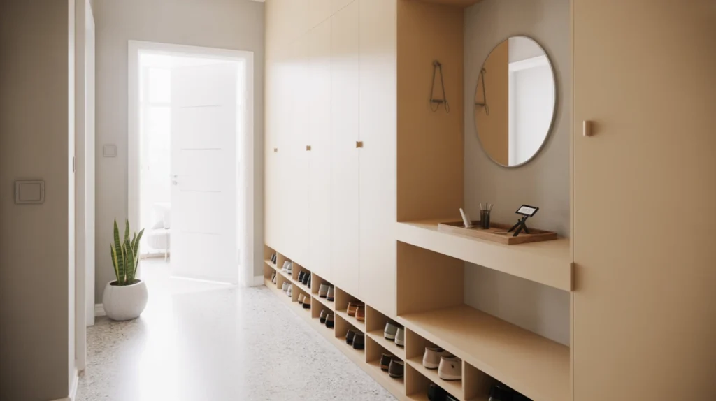 Feng shui entryway with clear path, tidy storage, and soft welcoming light.