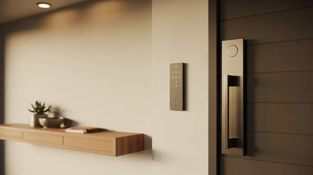Smart home entryway interior with a smart lock and wall keypad in a clean design