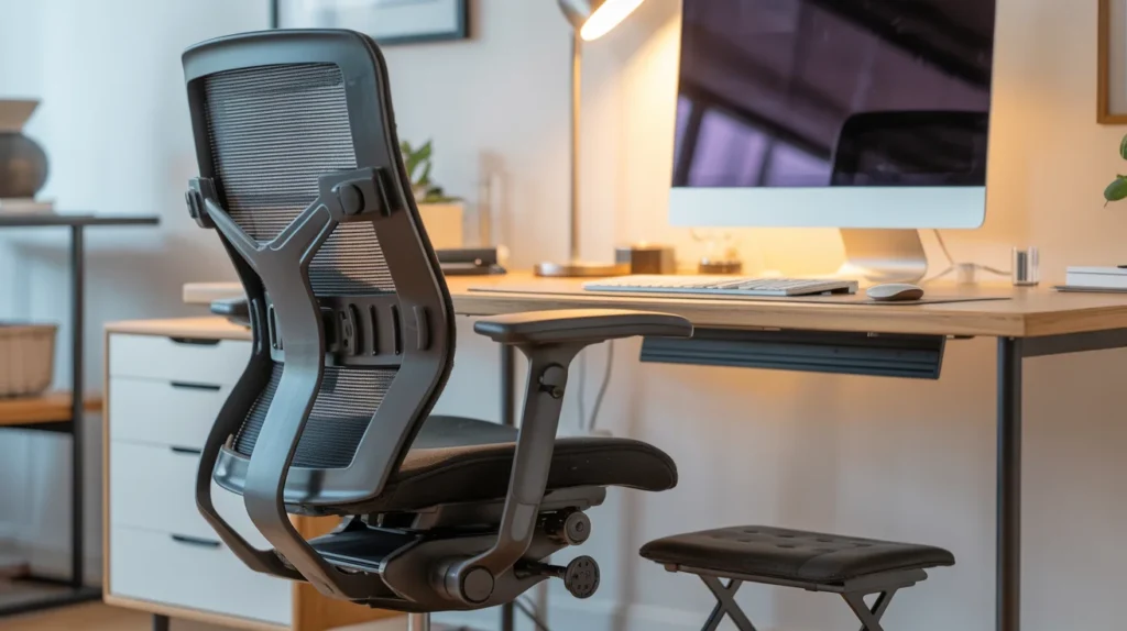 Ergonomic chair at a desk with the monitor at eye level, footrest under the desk, and keyboard and mouse aligned.