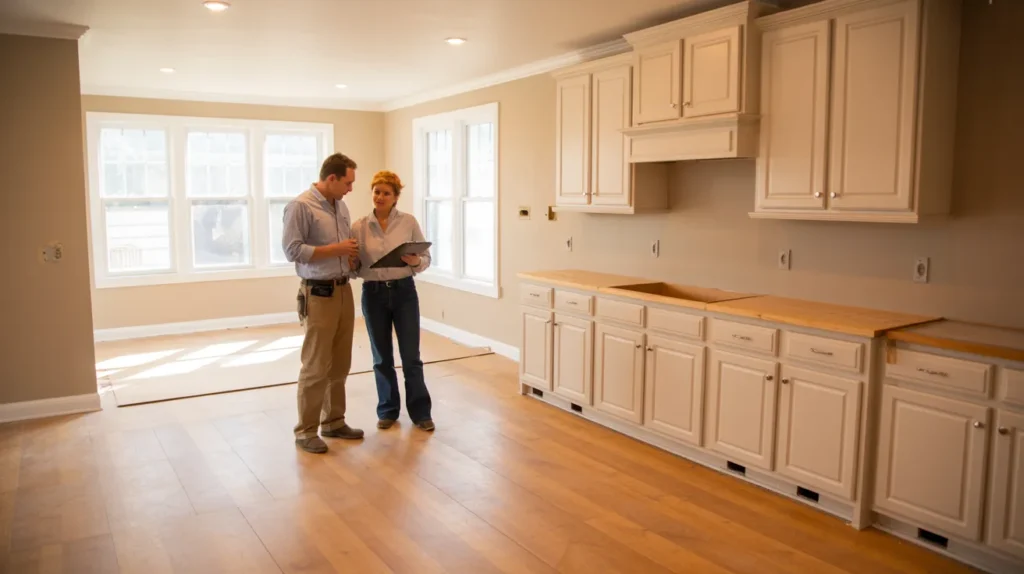 Final walkthrough in a nearly finished house with cabinets and flooring installed
