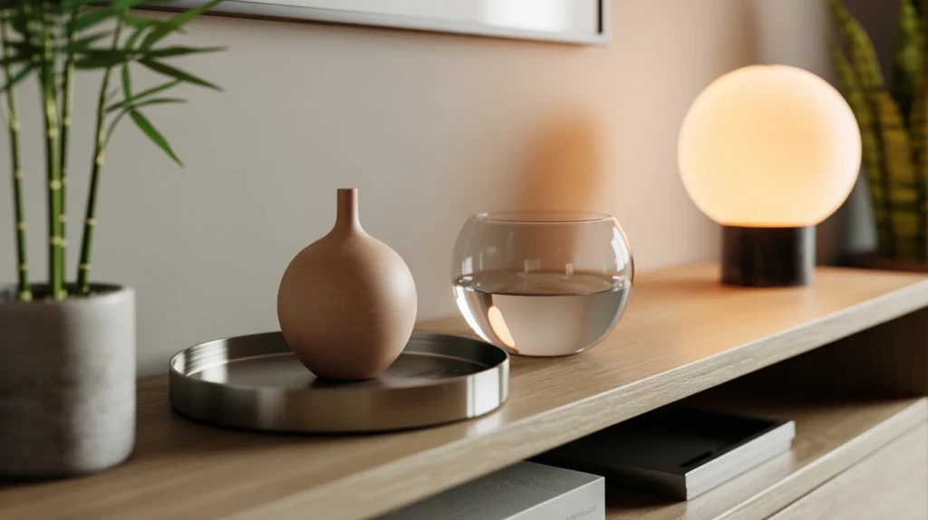 Feng shui five elements decor with plant, metal, ceramic, glass, and warm light.