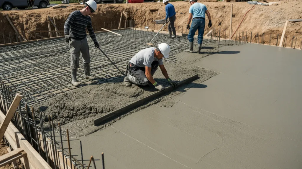 Concrete foundation slab being poured and finished for a new home build