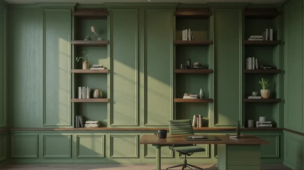 Wainscoting ideas with full-height wall paneling in a home office.