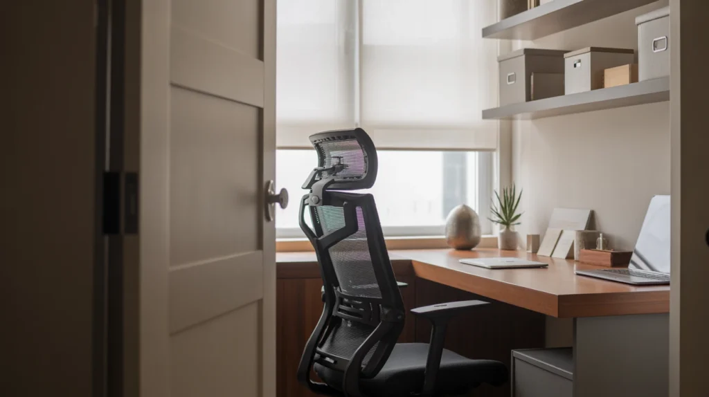 Feng shui home office with desk in command position, clean workspace, and natural light.