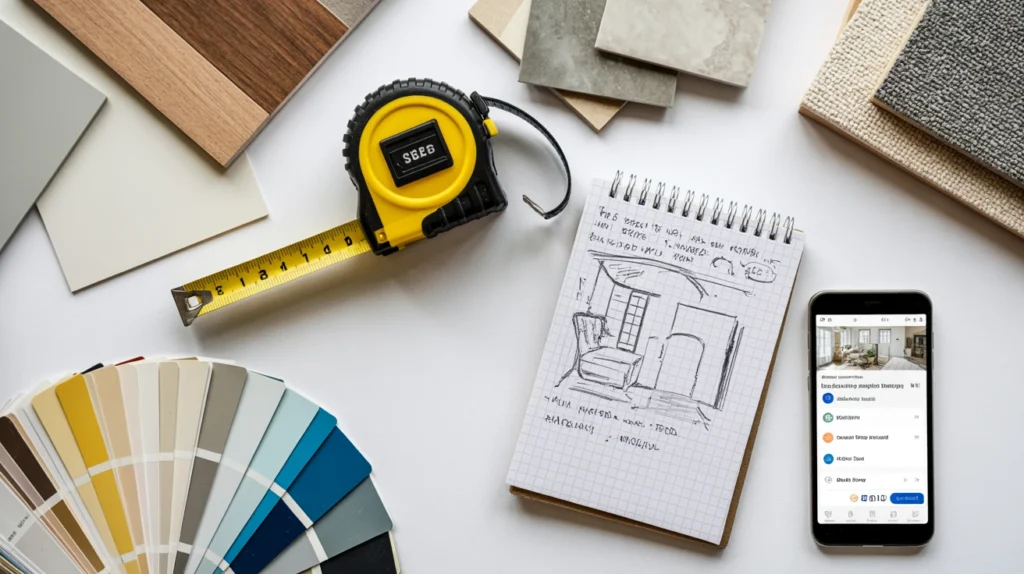 Home renovation planning with tape measure, paint swatches, material samples, and product search on phone