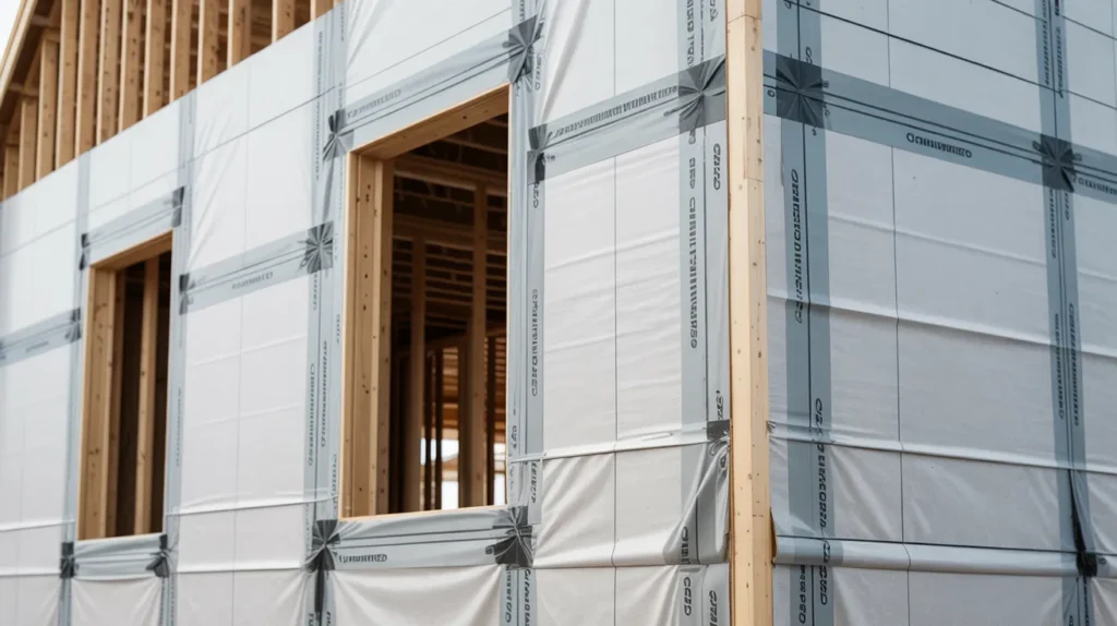 House wrap and window flashing installed on an exterior wall before new siding goes on