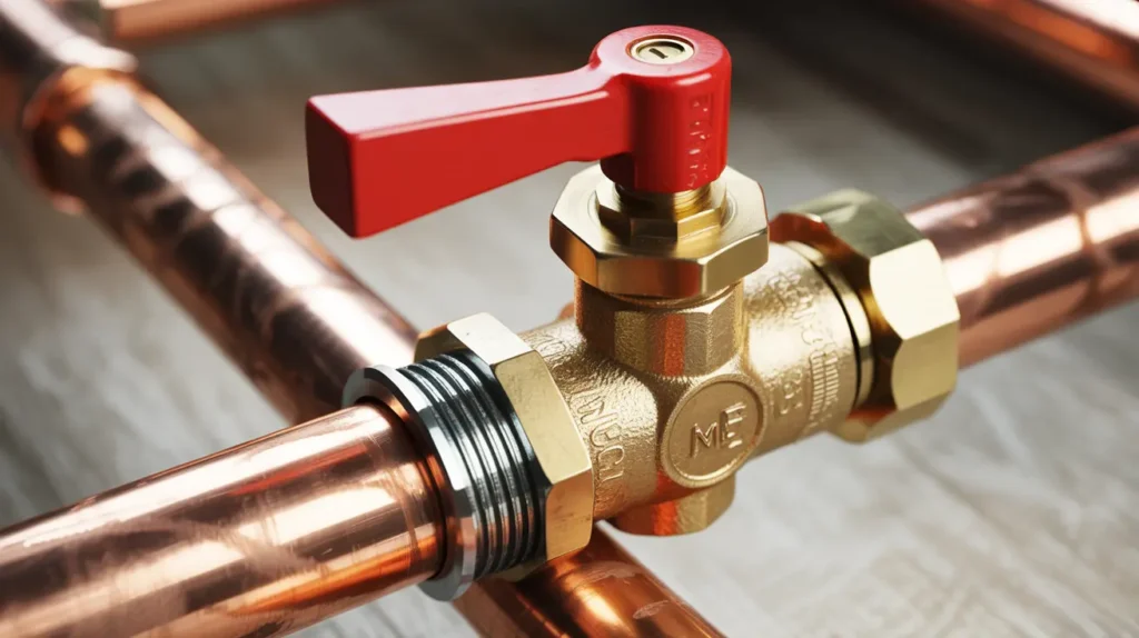 Close-up of a ball valve lever turned perpendicular to the pipe.