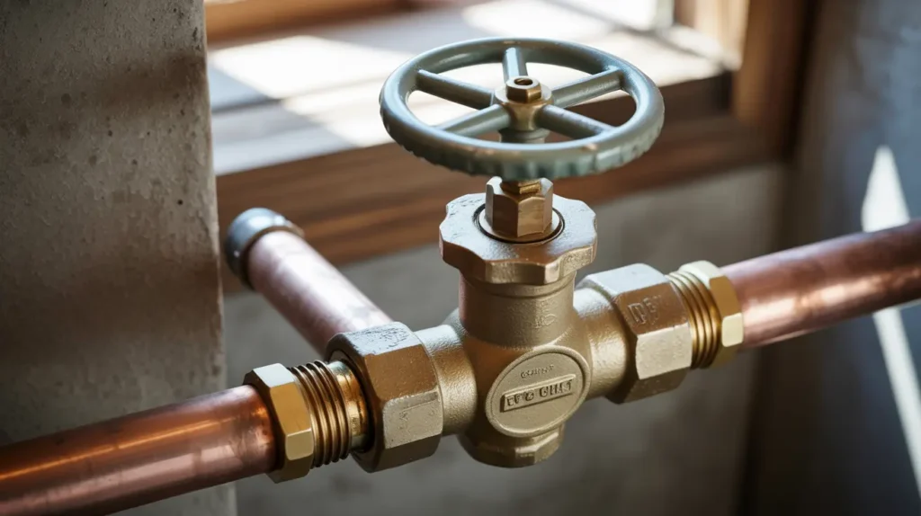 Gate valve with a round wheel handle on a home water line.