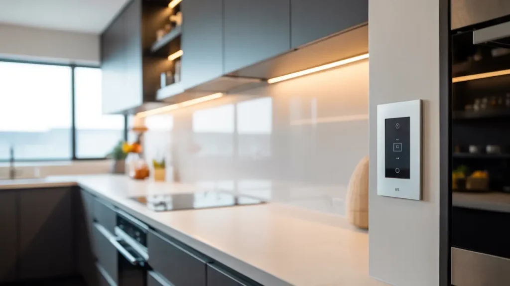 Smart home kitchen interior with under cabinet lighting and smart wall switch controls