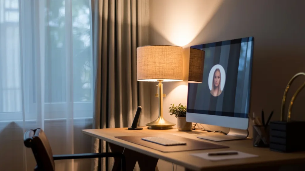Desk near a window with soft daylight, a warm desk lamp for task lighting, and a small ring light near the monitor.