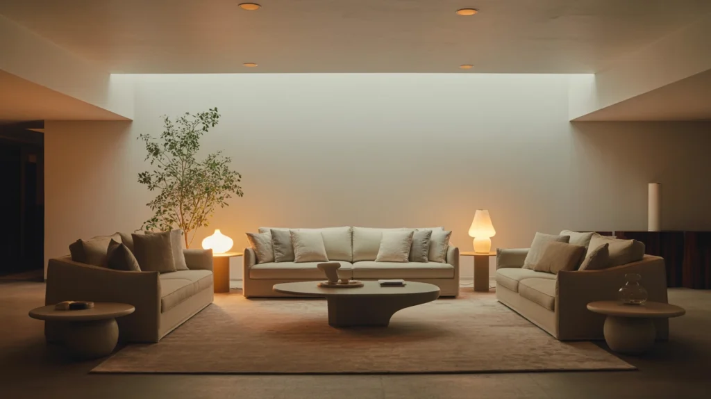 Feng shui living room layout with open pathways and balanced furniture placement.