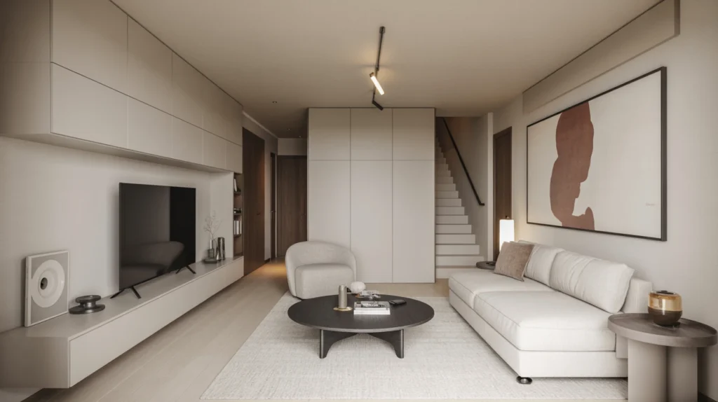 Modern minimalist condo interior with neutral colors, floating TV console, hidden storage, and statement wall art