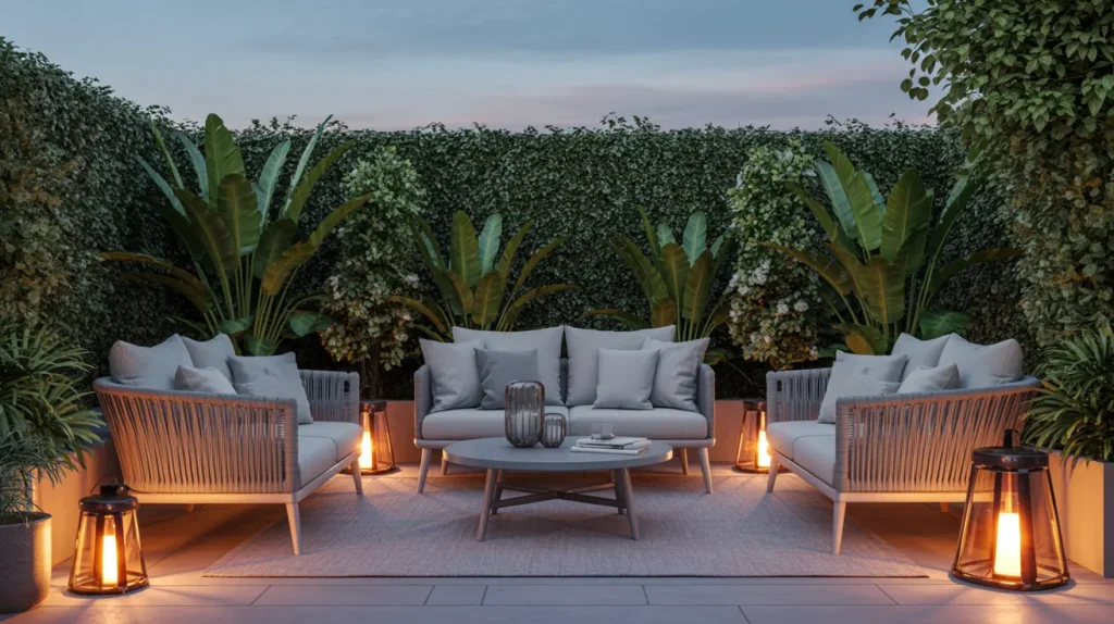 Celebrity style outdoor patio with privacy plants and warm evening lighting