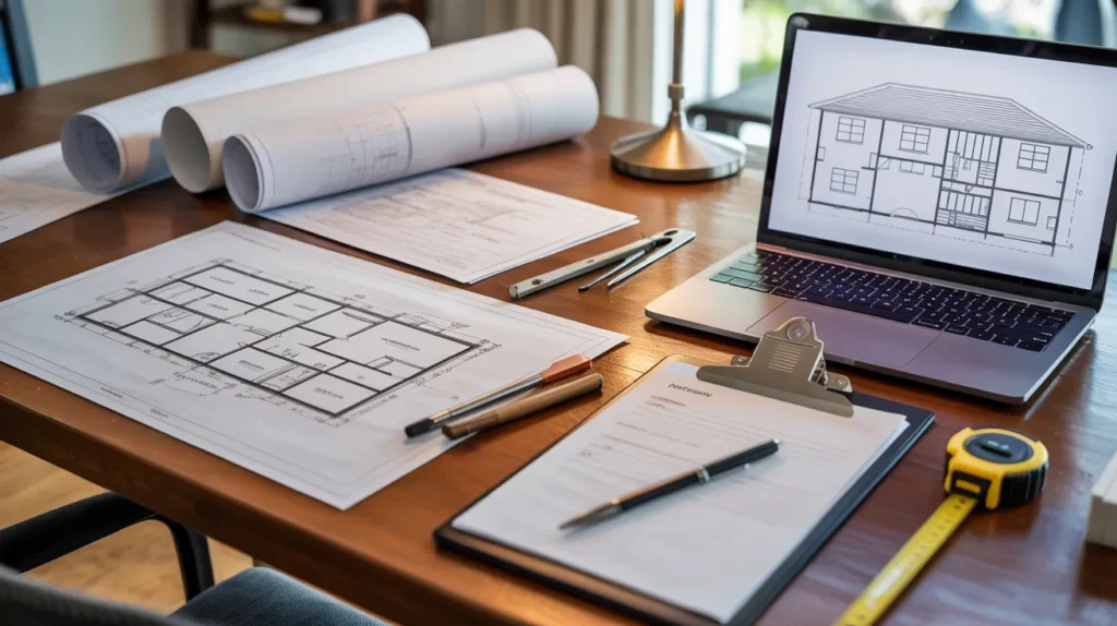 House building plan and permit paperwork on a desk during the pre-construction stage