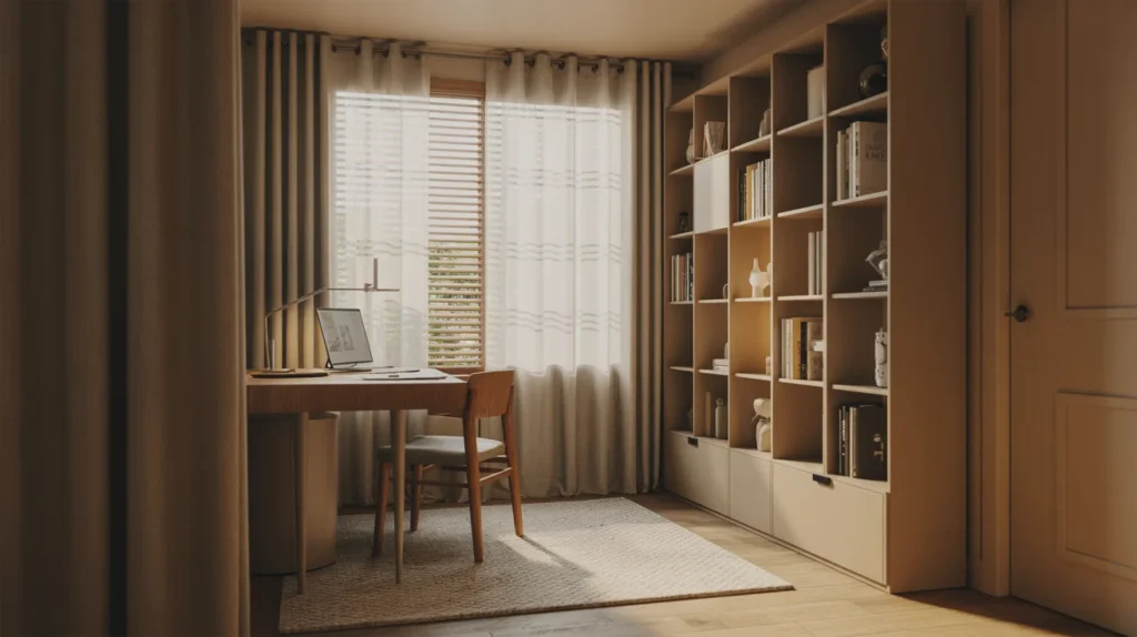 Corner home office in a living room with a compact desk turned sideways to a window, curtains, rug, and a slim bookcase divider.
